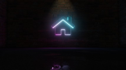3D rendering of blue violet neon symbol of home icon on brick wall