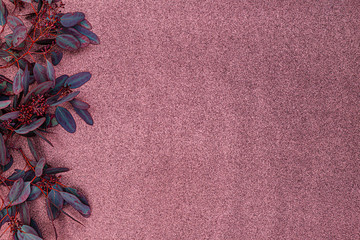 Christmas floral frame with trendy Eucalyptus Populus red Berry fruit and leaves, copy space. Eucalypt branches Christmas decoration on purple metallic glitter background.