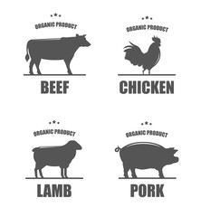 Collection farm of chicken, beef, lamb, pork. Meat labels, logos and badges. Vector icons. Meat sticker set.