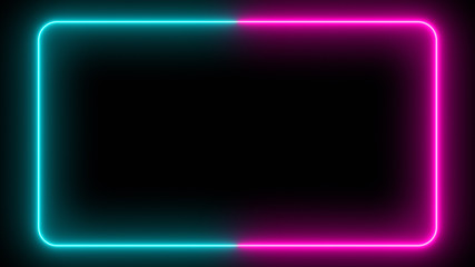 Flickering neon frame on an isolated black background. Ultraviolet modern light neon spectrum. Rectangle with rounded edges. 3d illustration