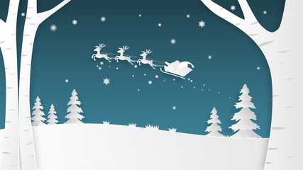 Christmas celebration banner with silhouette Santa Claus and reindeer in paper cut style. Digital craft paper art. © indysystem