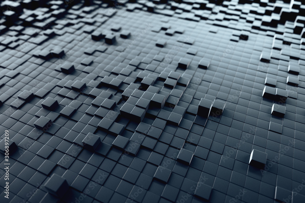 Poster abstract wave background with a black moving cubic surface. geometric concept with random boxes or c