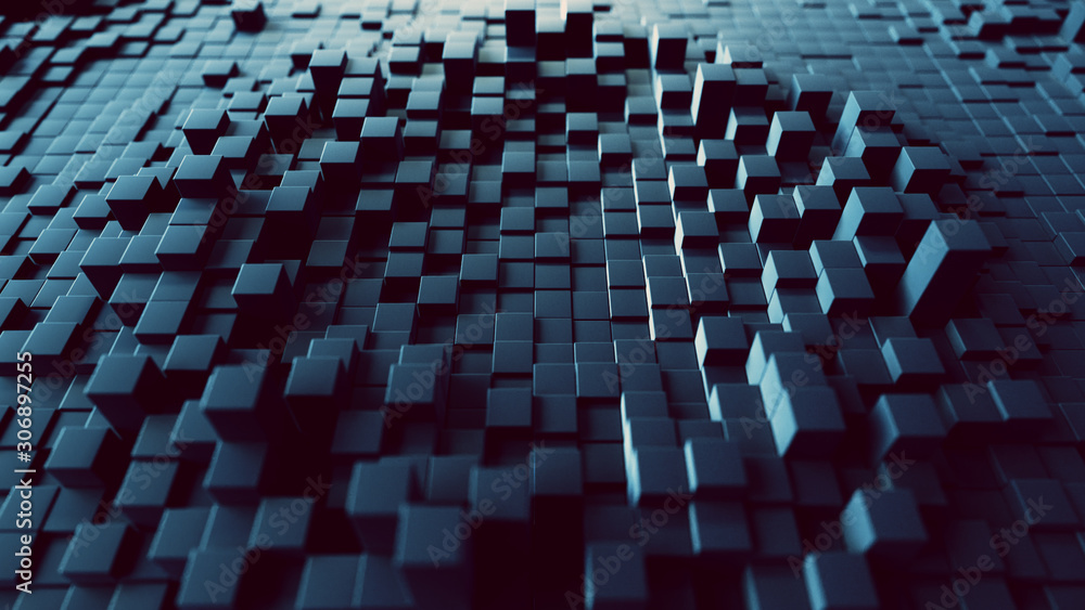 Poster abstract wave background with a black moving cubic surface. geometric concept with random boxes or c