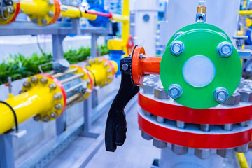 Gas purification equipment. Room with lots of gas pipes. Sale of hydrocarbons. Gasification of the...