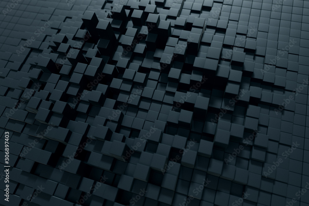 Poster abstract wave background with a black moving cubic surface. geometric concept with random boxes or c