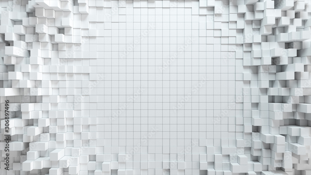 Poster abstract wave background with moving white cubes. geometric concept with random boxes or columns. mo