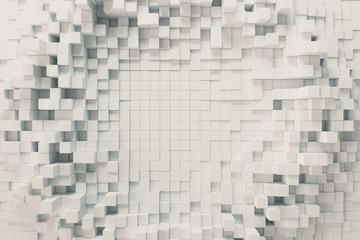 Abstract wave background with moving white cubes. Geometric concept with random boxes or columns. Motion design template. 3d illustration. Technology composition. Radial ripple.