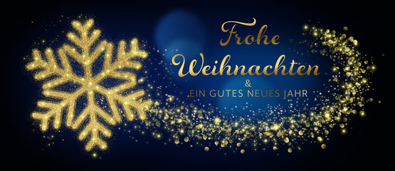 German Merry Christmas And Happy New Year Card With Golden Snowflake In Abstract Blue Night