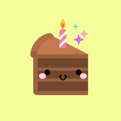 Slice birthday cake with candle. In kawaii style with smiling face and pink cheeks. For sweet design. Vector illustration.