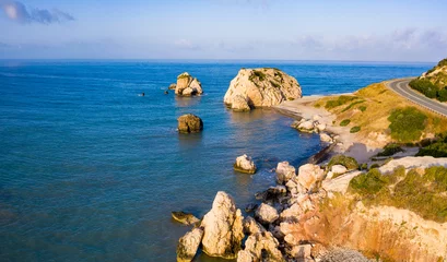 Zelfklevend Fotobehang Cyprus. Paphos. Aphrodite's stone. Sights of Cyprus. Picturesque coast. Tourism in Cyprus. Rest in the city of Paphos. Beaches Mediterranean Sea. Aphrodite's stone on a summer day. Paphos Tour © Grispb