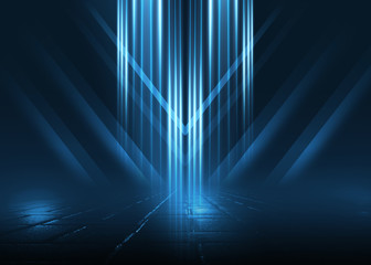 Empty background scene. Dark street reflection on wet asphalt. Rays of neon light in the dark, neon figures, smoke. Background of empty stage show. Abstract dark background.