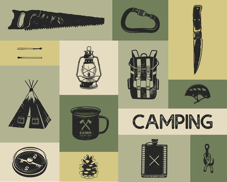 Camping icons set in silhouette retro style. Monochrome travel symbols, hiking shapes with tent, saw