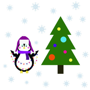Winter postcard with penguin and tree