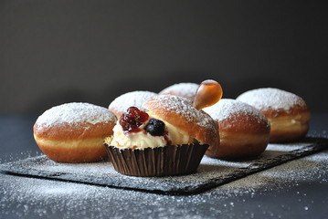 Hannukah celebration concept. Tasty donuts