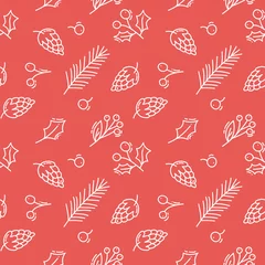 Foto op Plexiglas Vector Christmas red Seamless pattern with cones, berries and tree branches. Can be used for holiday wallpaper, fills, textile, web page background, surface textures. illustration © timonko