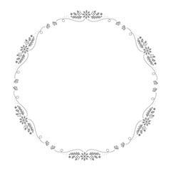 Christmas monoline vector wreath with cone branches, snowflakes and berries with place for text. Isolated xmas illustration for greeting card, poster and web