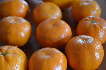 tangerines and Christmas garland. New Year and Christmas concept