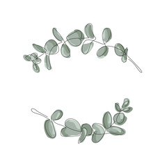 Vector eucalyptus leaves frame on white background with place for your text. Wreath made of leaf branches. Flat lay, top view - obrazy, fototapety, plakaty