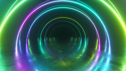 Infinity flight inside tunnel, neon light abstract background, round arcade, portal, rings, circles, virtual reality, ultraviolet spectrum, laser show, metal floor reflection. 3d illustration