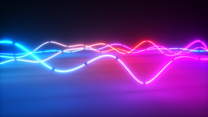 Colorful bright neon glowing graphic equalizer. Ultraviolet signal spectrum, laser show, energy, sound vibrations and waves. 3d illustration