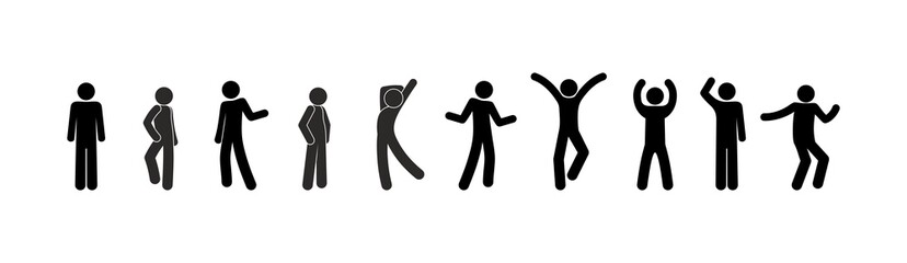 man stands, various poses, stick figure man icons, human silhouette pictogram