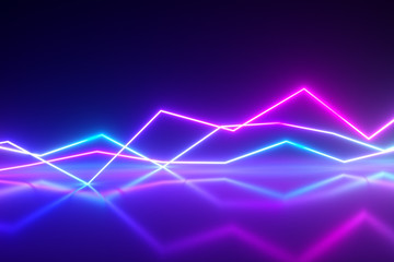 Bright colorful glowing neon lines. Abstract musical equalizer background, graph, diagram, drawing, curve, chart. Modern ultraviolet blue purple color cpectrum.3d illustration