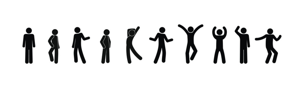 man stands, various poses, stick figure man icons, human silhouette pictogram