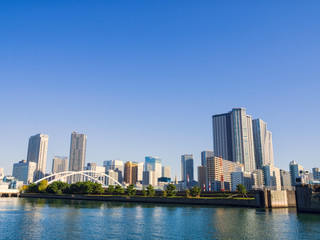 Scenic view of the tall buildings by river in the center of the big city on modern building background.