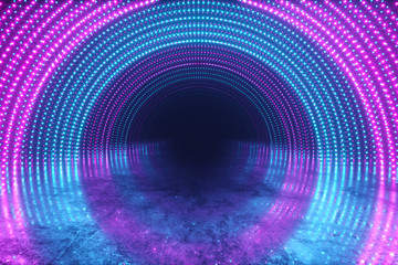 Naklejka premium Abstrac motion background. Neon lights. Glowing dots spiral tunnel. Bright vibrant dots. laser illumination. Pink and blue colors. Reflective metal scratched texture floor. 3d illustration