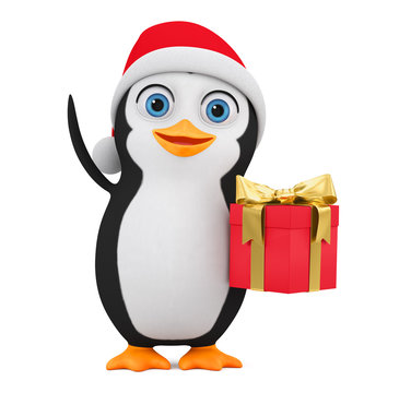 3d rendering. Illustration for advertising. Cartoon penguin character with big gift on white background.