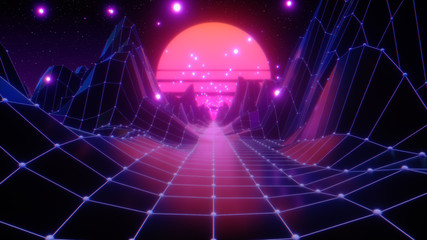 Retro futuristic flight in space with a polygonal mesh on the generated hills and floor. Concept 80s 90s. Fantastic abstract neon background. 3d illustration © flashmovie