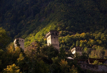 Fototapeta na wymiar Svan towers, unesco heritage, in Mestia and Ushguli, Georgia