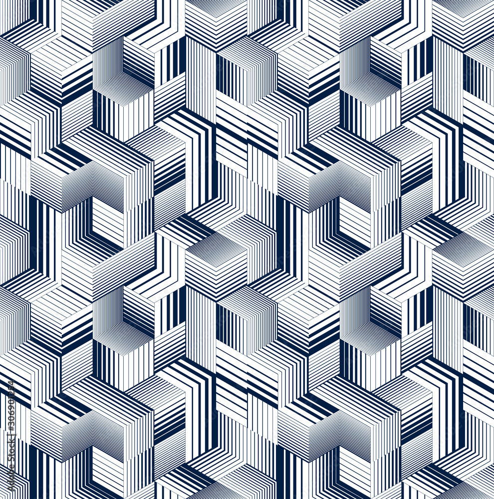 Poster 3d cubes seamless pattern vector background, lined dimensional blocks, architecture and construction