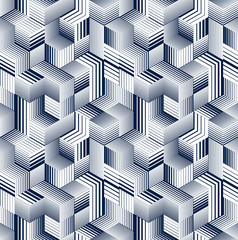 3D cubes seamless pattern vector background, lined dimensional blocks, architecture and construction, geometric design.