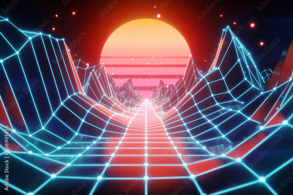 Poster retro futuristic flight in space with a polygonal mesh on the generated hills and floor. concept 80s