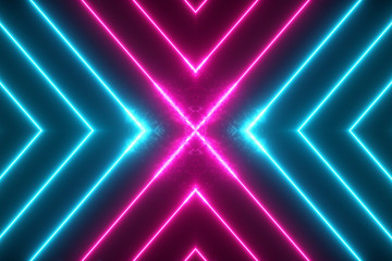 Abstract neon background, appearing glowing pink blue lines, ultraviolet spectrum. 3d illustration © flashmovie