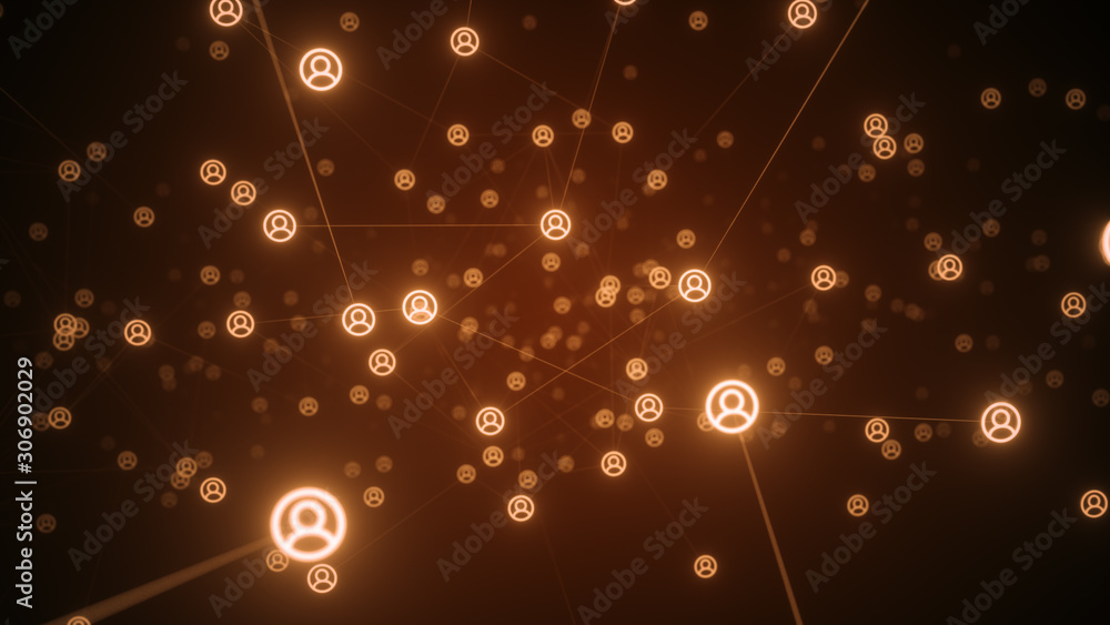 Poster connecting people on the internet, nodes transforming. flight of the camera in the technological abs