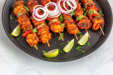 Skewered Chicken Tikka Kebab, Close Up Indian Chicken Appetizer Photo