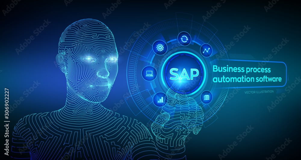 Aufkleber sap business process automation software. erp enterprise resources planning system concept on virtua