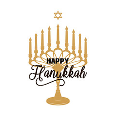 Hand drawn Happy Hanukkah lettering typography poster. Celebration text isolated background. Postcard, icon, logo, badge. Vector vintage style calligraphy. Festive greeting card template Menorah