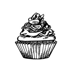 Christmas cupcake. Hand drawn illustration. New year and Christmas design elements. Greeting card invitation with xmas graphic. Vintage illustration.