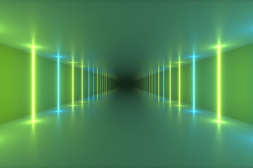 Abstract seamless looped 3d illustration of a flight in a futuristic corridor, luminous light tubes, lasers and lines. Modern colorful light spectrum