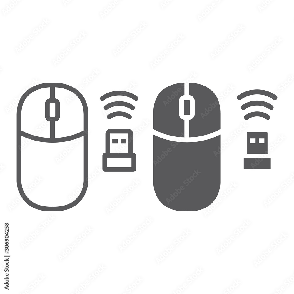 Poster wireless mouse line and glyph icon, cursor and device, computer mouse sign, vector graphics, a linea