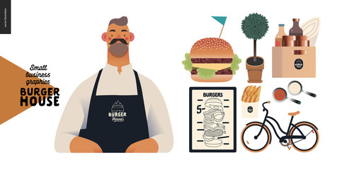 Burger house -small business graphics - owner -modern flat vector concept illustrations of a bearded man wearing apron, cheeseburger exploded view poster, condiments, bicycle, french fries, sauce