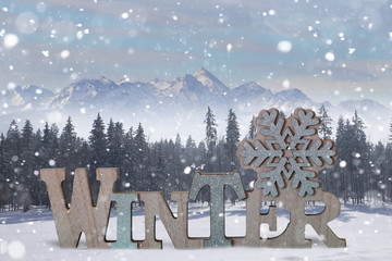Schriftzug Winter in schöner Landschaft