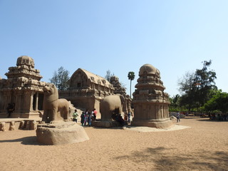 ancient Hindu monolithic Indian sculptures rock-cut architecture Pancha Rathas - Five Rathas,...