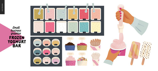 Frozen yoghurt bar - small business graphics - process and product -modern flat vector concept illustrations - frozen yoghurt and ice cream trays, topping and sprinkles, filling the paper cup in