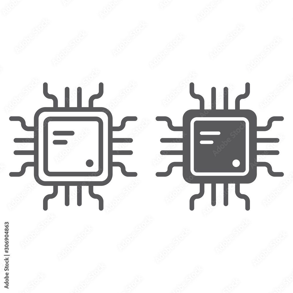 Poster cpu line and glyph icon, technology and device, chip sign, vector graphics, a linear pattern on a wh