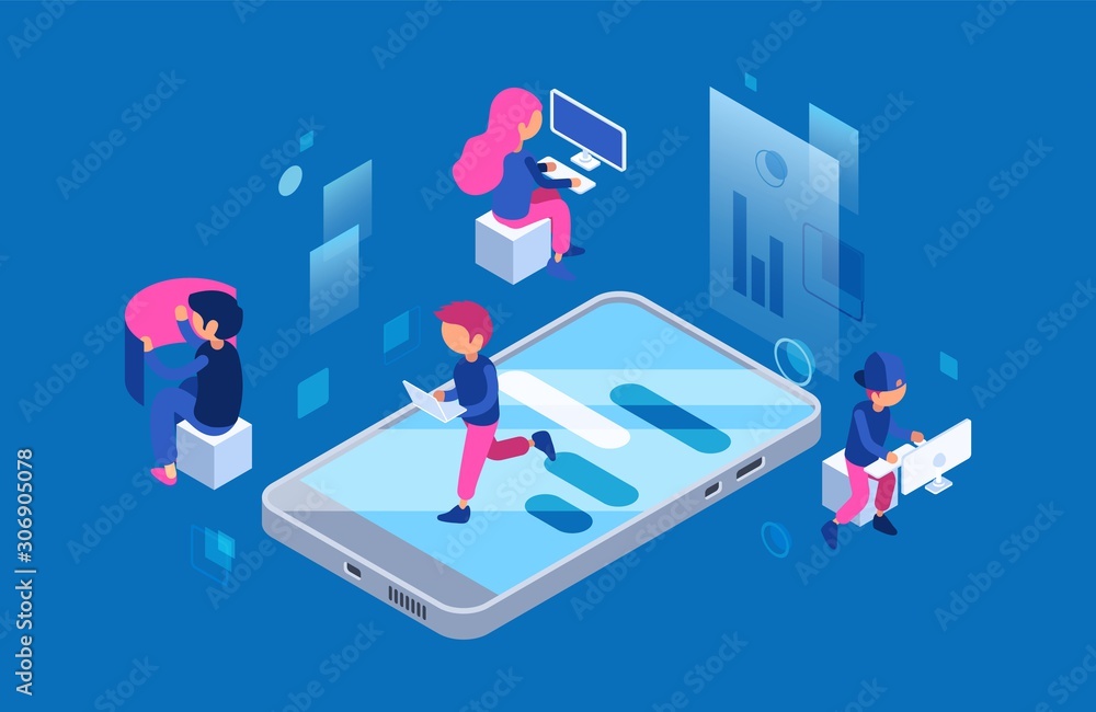 Aufkleber web developers at work. female and male it workers with computers and smartphone vector concept. ill