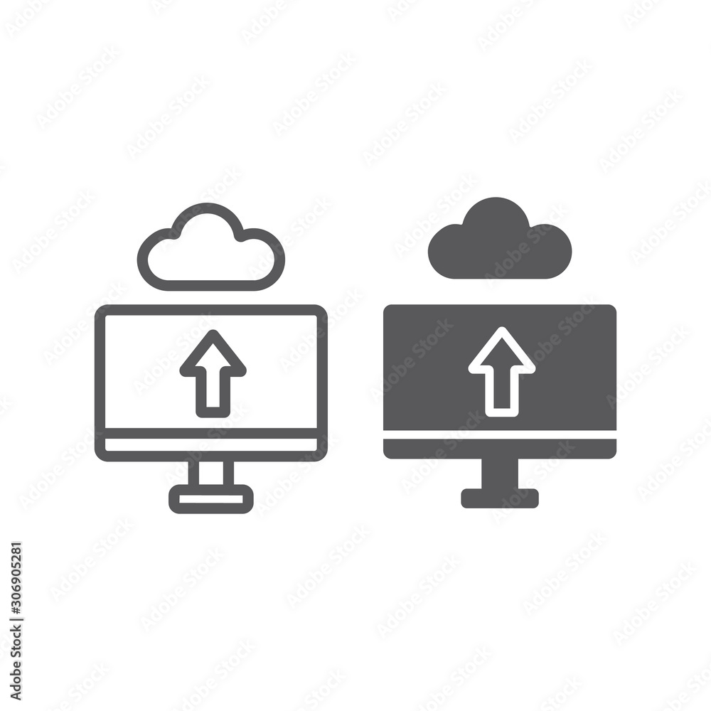 Poster cloud upload line and glyph icon, technology and system, data transfering sign, vector graphics, a l